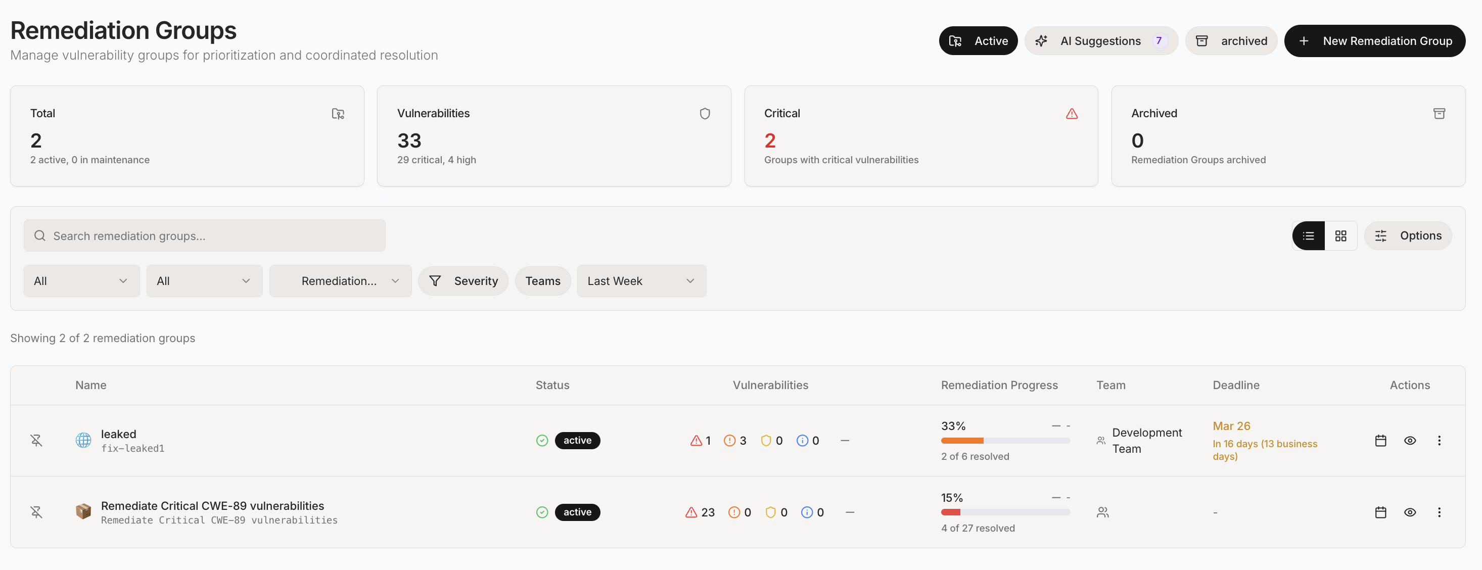 Tabula coordination — remediation groups with team assignments and deadlines